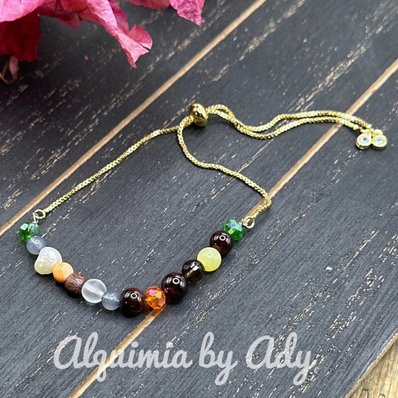 Rainbow multicolored multi stone  beaded bracelet hold adjustable rope - Picture 1 of 2